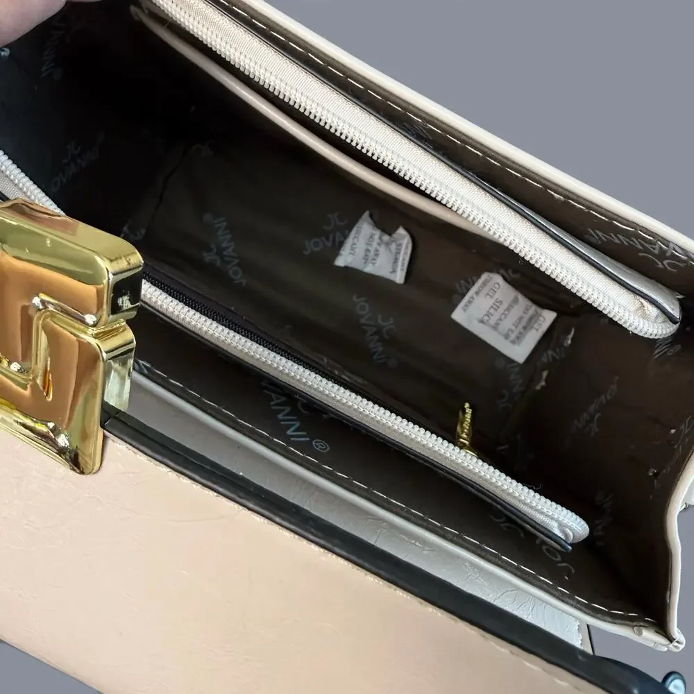 Jovanni Top Handle Handbag Cream Structured Satchel Gold Hardware Flap Purse New
